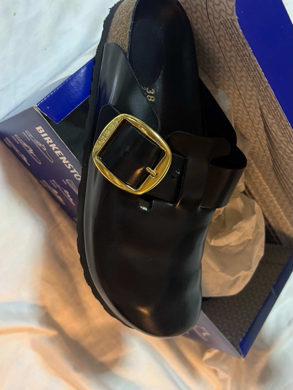 Birkenstock Black Leather Boston Clog with Gold Buckle